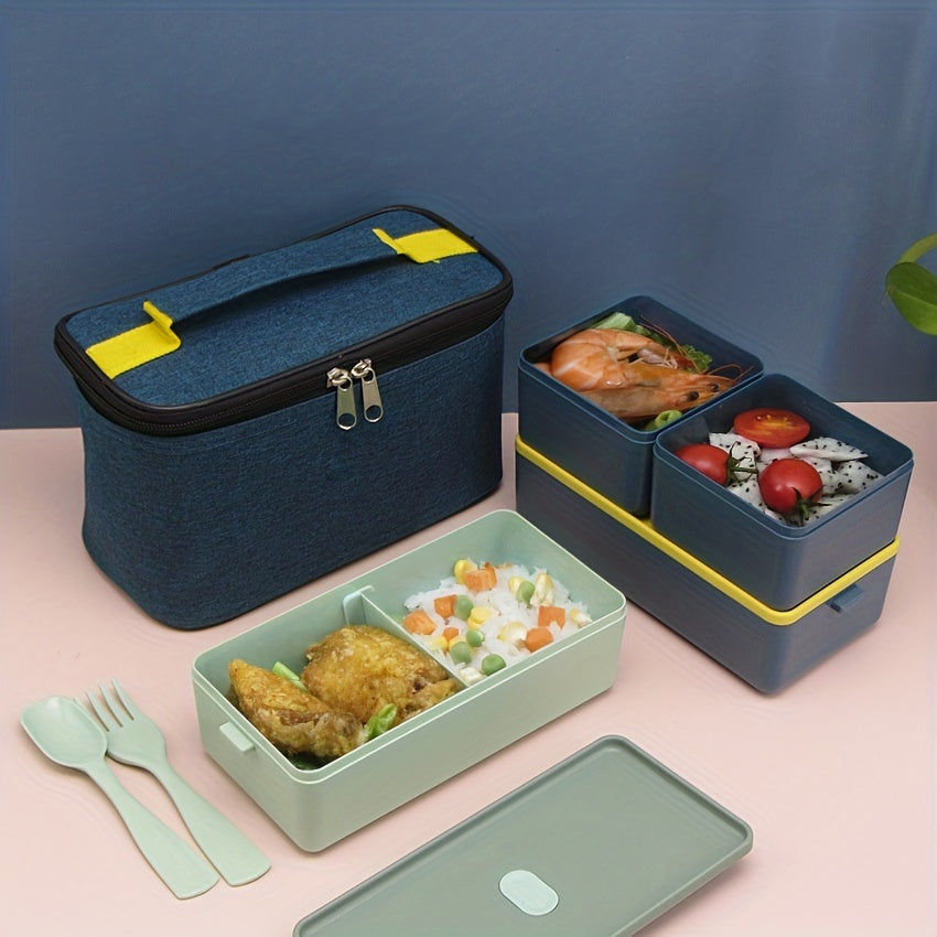 1pc 2-Tier Lunch Box with Cutlery Set Leak Proof Bento Box