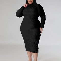 Solid Crinkle Long Sleeve High Neck Midi Dress