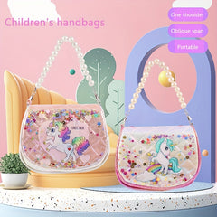 Cartoon Unicorn Handbag With Faux Pearl Handle For Girls
