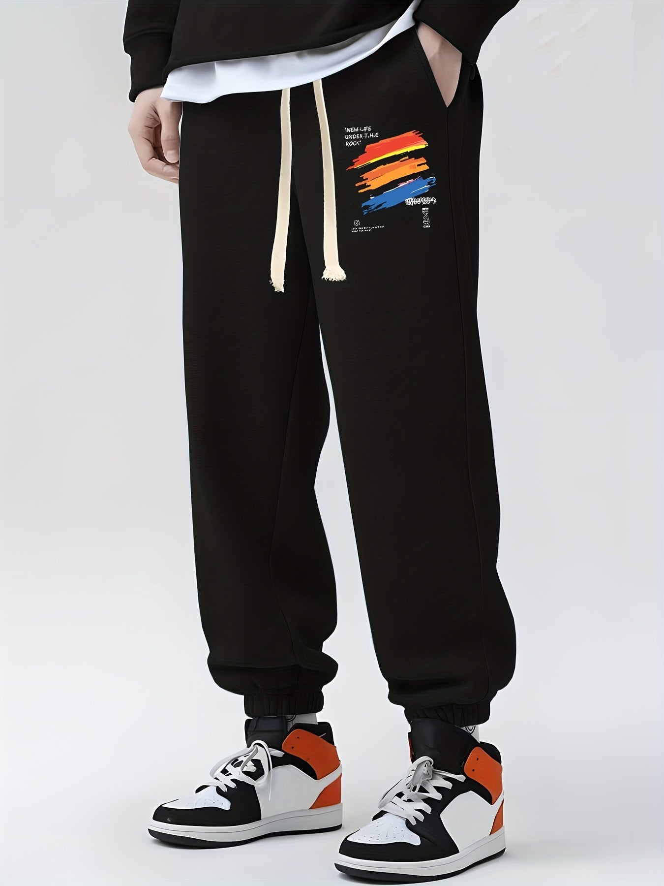 Brush Line Print Drawstring Sweatpants Men's Casual Loose Fit Pants