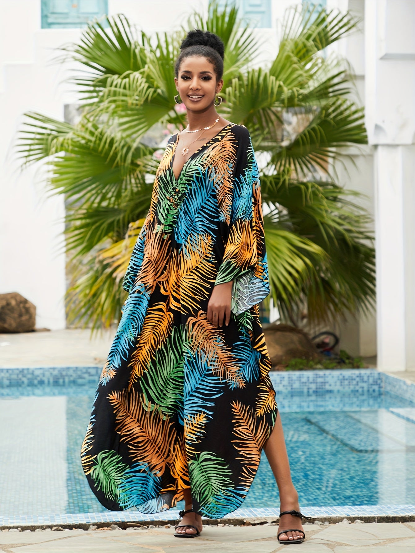 Boho Tropical Print Kaftan Dress V Neck Split Maxi Beach Dress