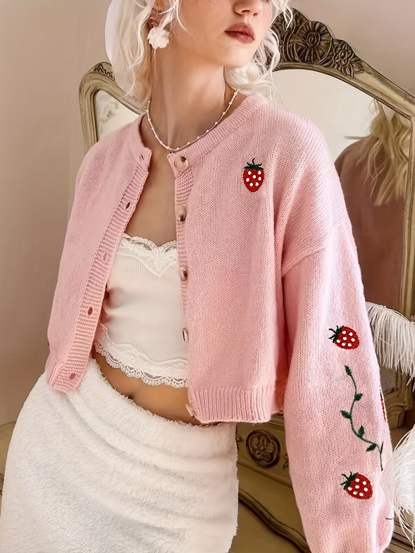 Strawberry Embroidered Crop Cardigan Crew Neck Long Sleeve