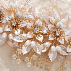Rose Golden Bridal Hair Comb with Crystals and Pearls