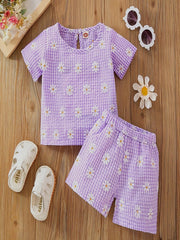 Girls Summer Plaid & Flowers Outfit Short Sleeve T shirt & Shorts Set