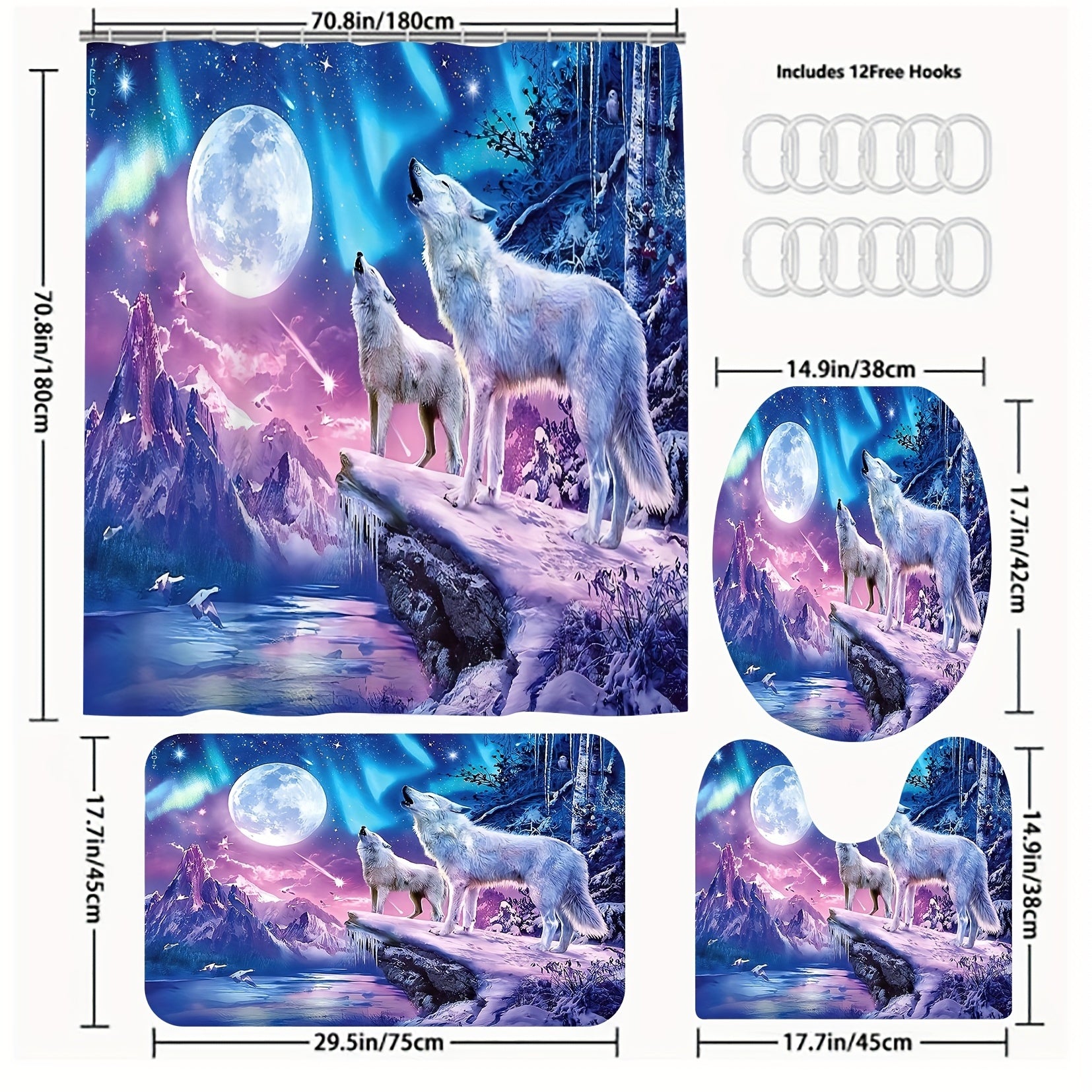 Moon Wolf Shower Curtain Set with 12 Hooks and Toilet Covers