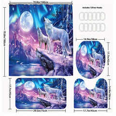 Moon Wolf Shower Curtain Set with 12 Hooks and Toilet Covers