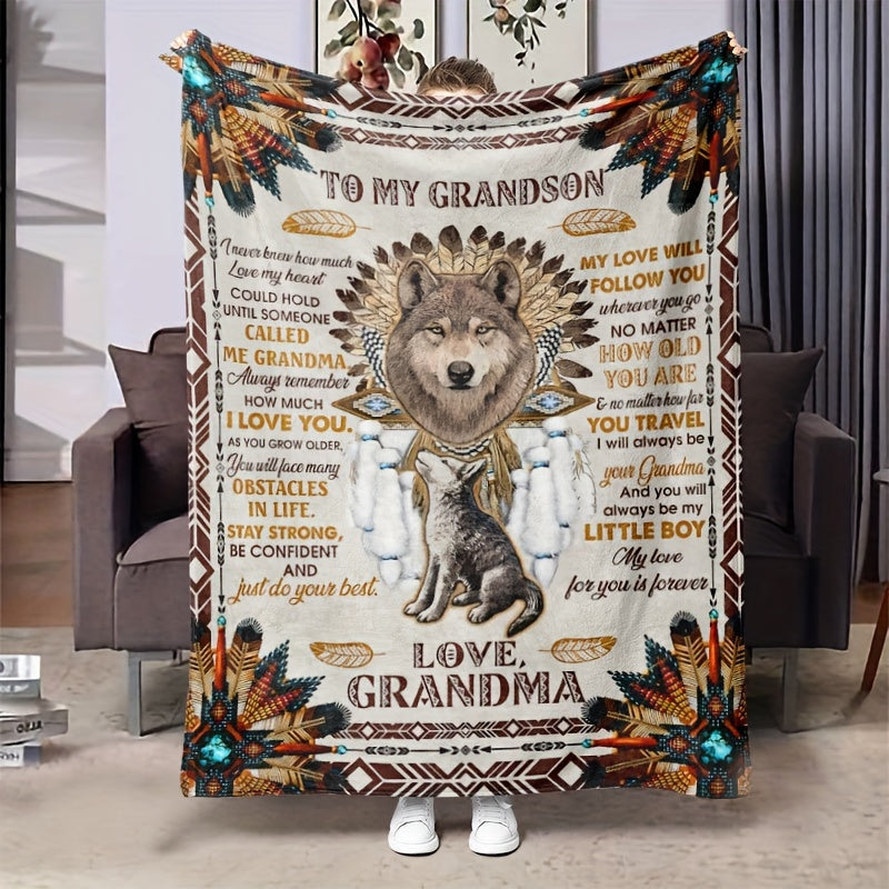 Wolf Pattern Warm Blanket Gift To Grandson