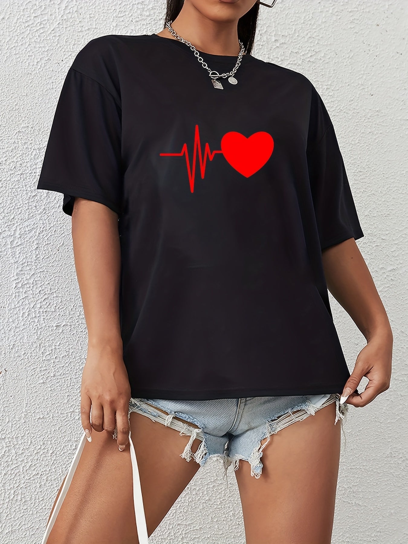 Solid Heart Casual T Shirt Crew Neck Short Sleeve Sports Top Women's Clothing