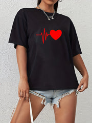Solid Heart Casual T Shirt Crew Neck Short Sleeve Sports Top Women's Clothing