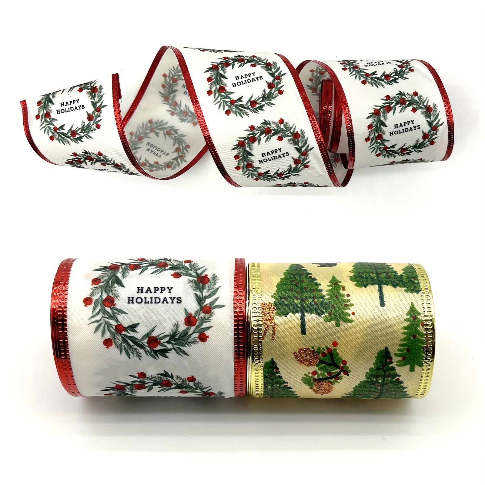 4 57 Meter Christmas Tree Elk And Happy Holidays Wired Ribbon