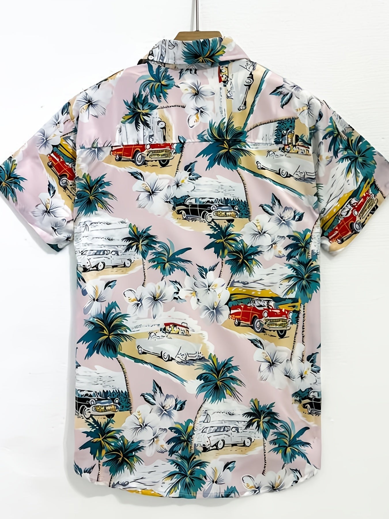 Coconut Tree & Vintage Car Print Men's Short Sleeve Shirt