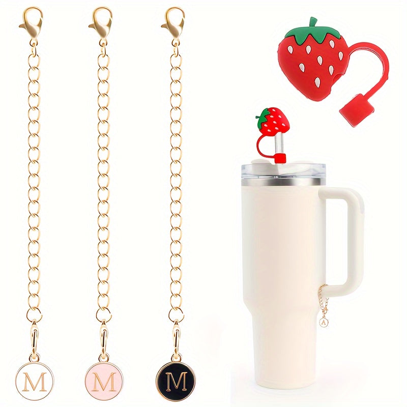 3pcs Initial Letter Chain Charm & 1pc Strawberry Straw Tip Cover for Water Cup