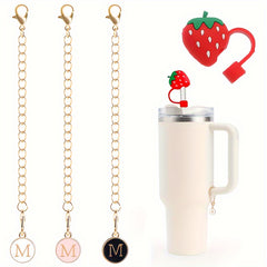 3pcs Initial Letter Chain Charm & 1pc Strawberry Straw Tip Cover for Water Cup