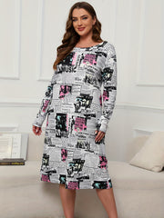 Newspaper Print Long Sleeve Round Neck Loose Nightdress