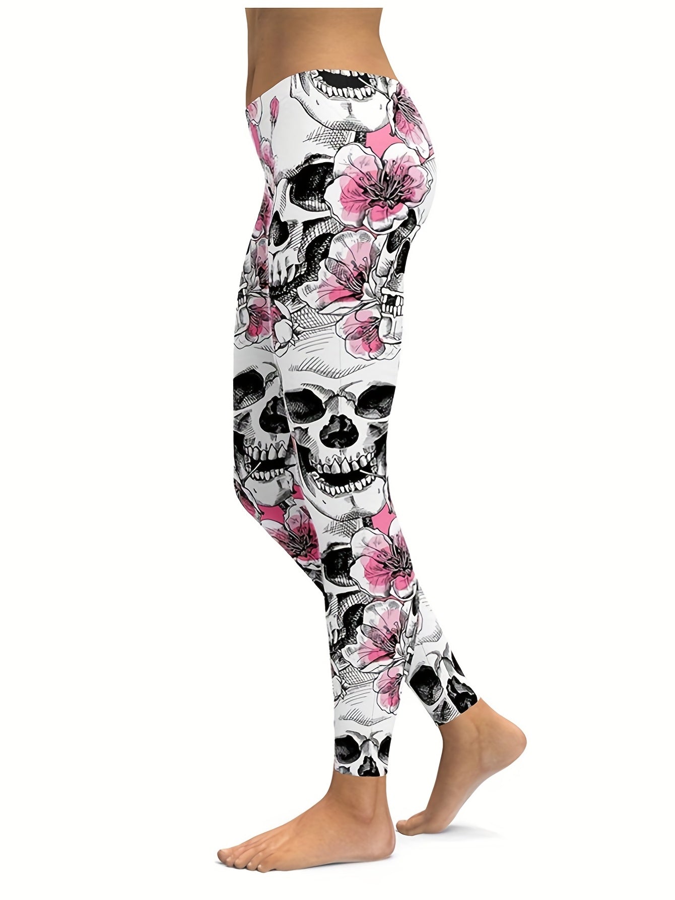 Floral & Skull Print Skinny Leggings Women's Clothing