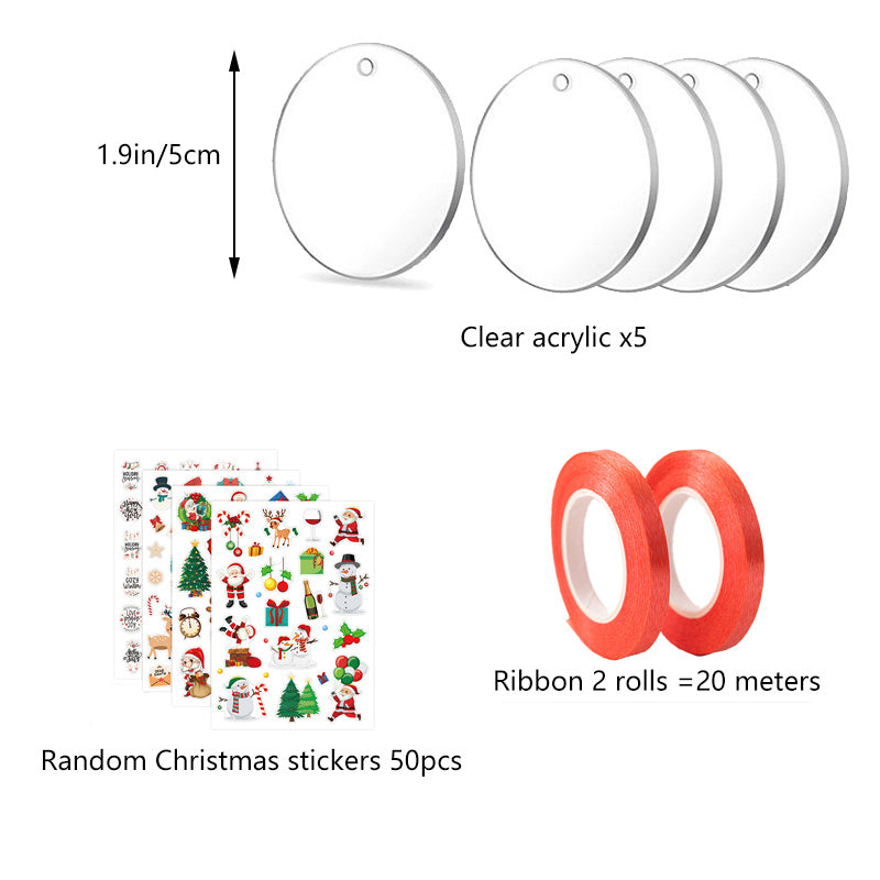 Christmas Decoration Set: 5 Acrylics, 50 Stickers, 20m Ribbon, Keychain, Disc