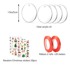 Christmas Decoration Set: 5 Acrylics, 50 Stickers, 20m Ribbon, Keychain, Disc