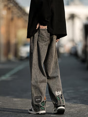 Floral Pattern Wide Leg Pants Men Street Style Jeans