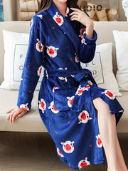 Women's Pig Print Fuzzy Lounge Robe Long Sleeve Warm Robe
