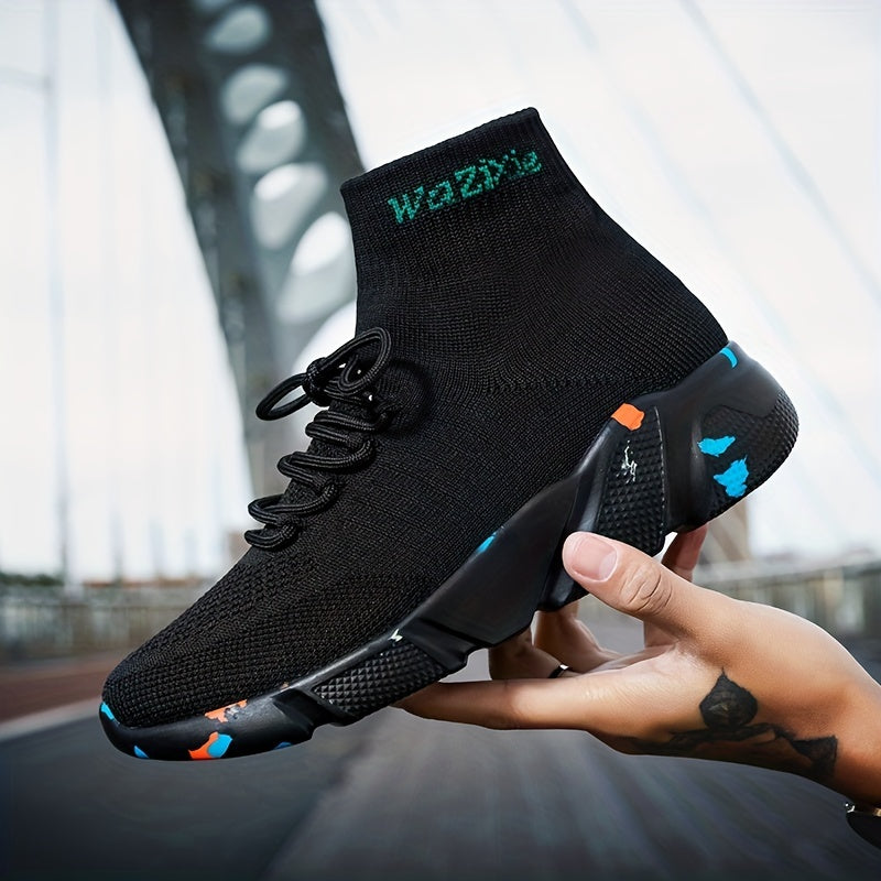 Men's High Top Breathable Sock Shoes Lace Up Woven Knit Sneakers