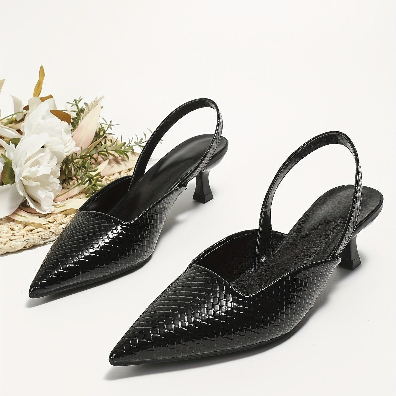 Women's Snakeskin Kitten Heels Pointed Toe Slip On Sandals Slingback Low Heels