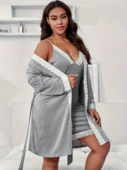 Lace Trim V Neck Cami Dress & Robe Pajama Set
