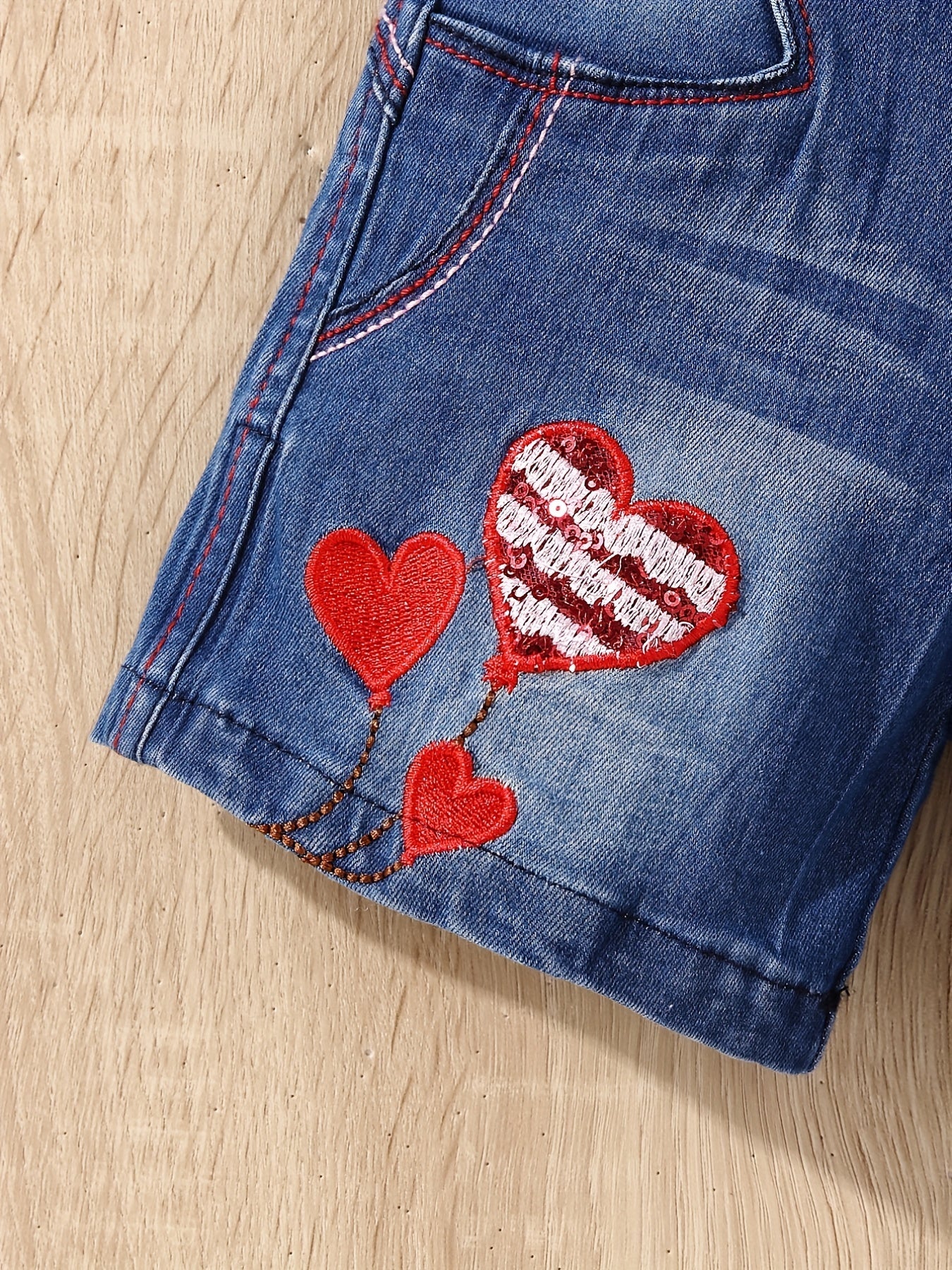 Girls' Stretch Heart Embroidered Denim Shorts for Street Outwear