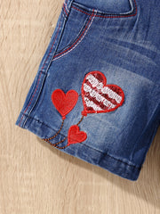 Girls' Stretch Heart Embroidered Denim Shorts for Street Outwear