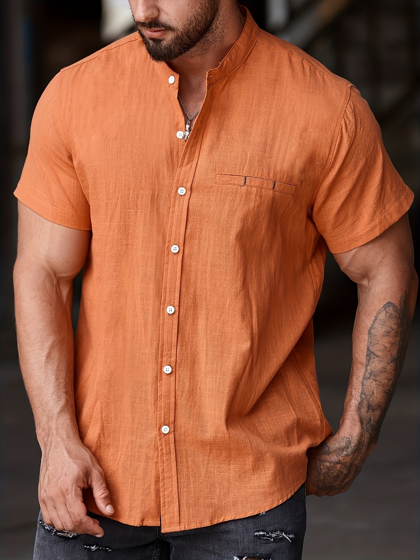 Men's Cotton Button Up Short Sleeve Shirt for Summer