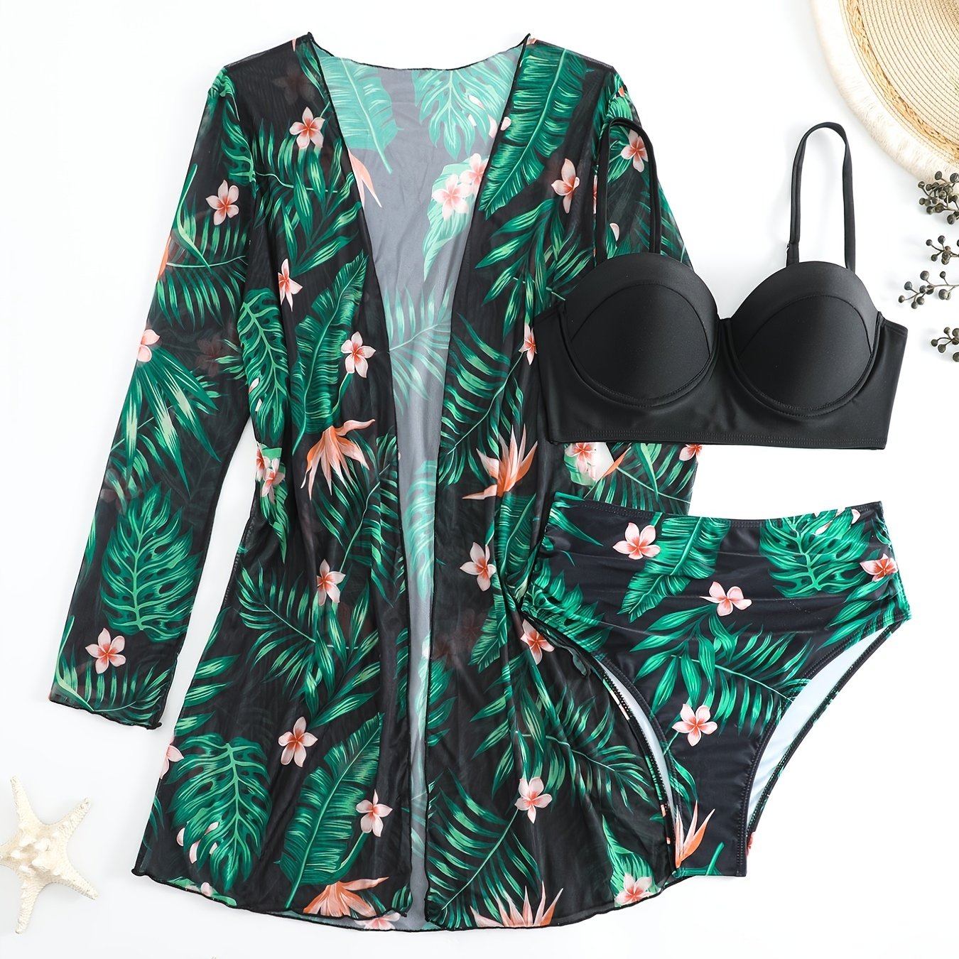 Tropical Floral & Leaf Bikini Set V Neck High Cut Swimsuit with Cover Up Shirt