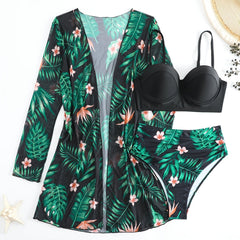 Tropical Floral & Leaf Bikini Set V Neck High Cut Swimsuit with Cover Up Shirt