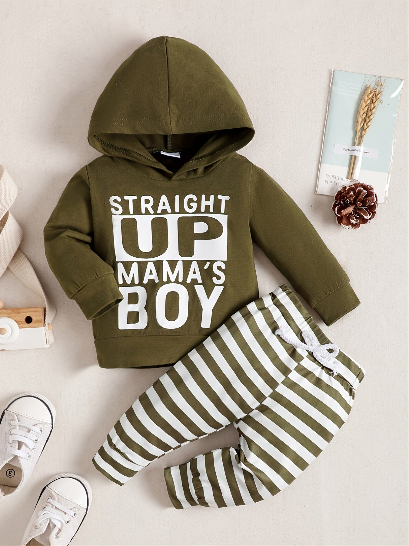 2pcs Boys Hoodies Sweatpants Set Letter Print Long Sleeve Hooded Sweatshirt Stri