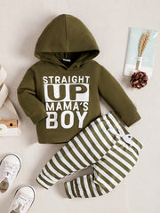 2pcs Boys Hoodies Sweatpants Set Letter Print Long Sleeve Hooded Sweatshirt Stri