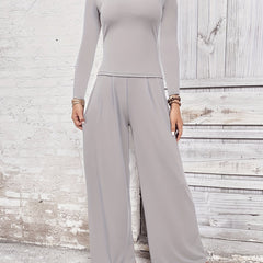 Solid Two piece Set Slim Long Sleeve Crew Neck T shirt & Wide Leg Pants