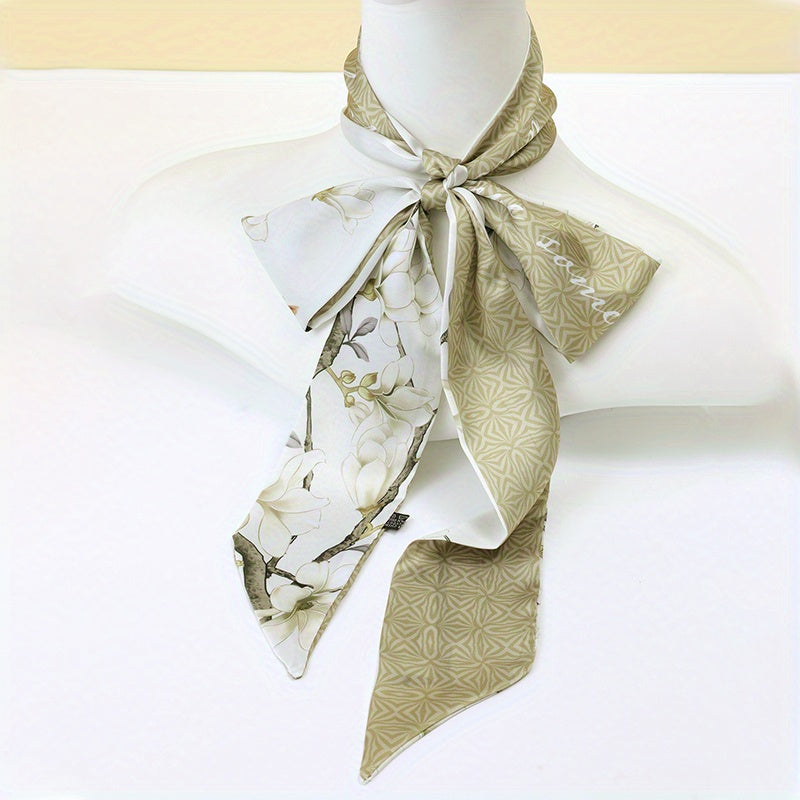 Lily Flower Pattern Neckerchief Long Ribbon Skinny Scarf