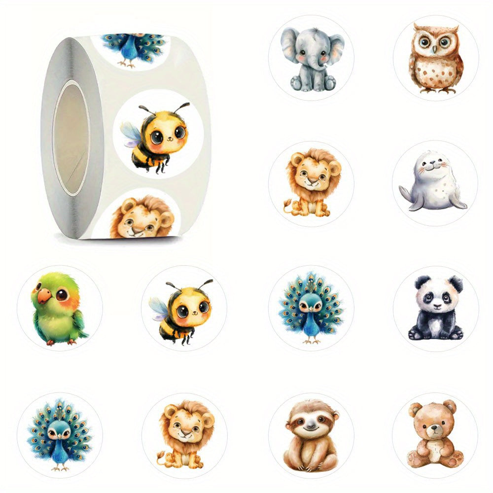 500pcs Watercolor Animal Stickers Roll - Vibrant Cartoon Designs