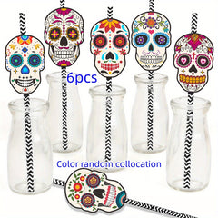 6pcs Halloween Skull Straws for Day of the Dead Party Decoration