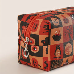Halloween Pumpkin & Spider Web Print Makeup Bag Zipper Roomy Square Makeup Pouch
