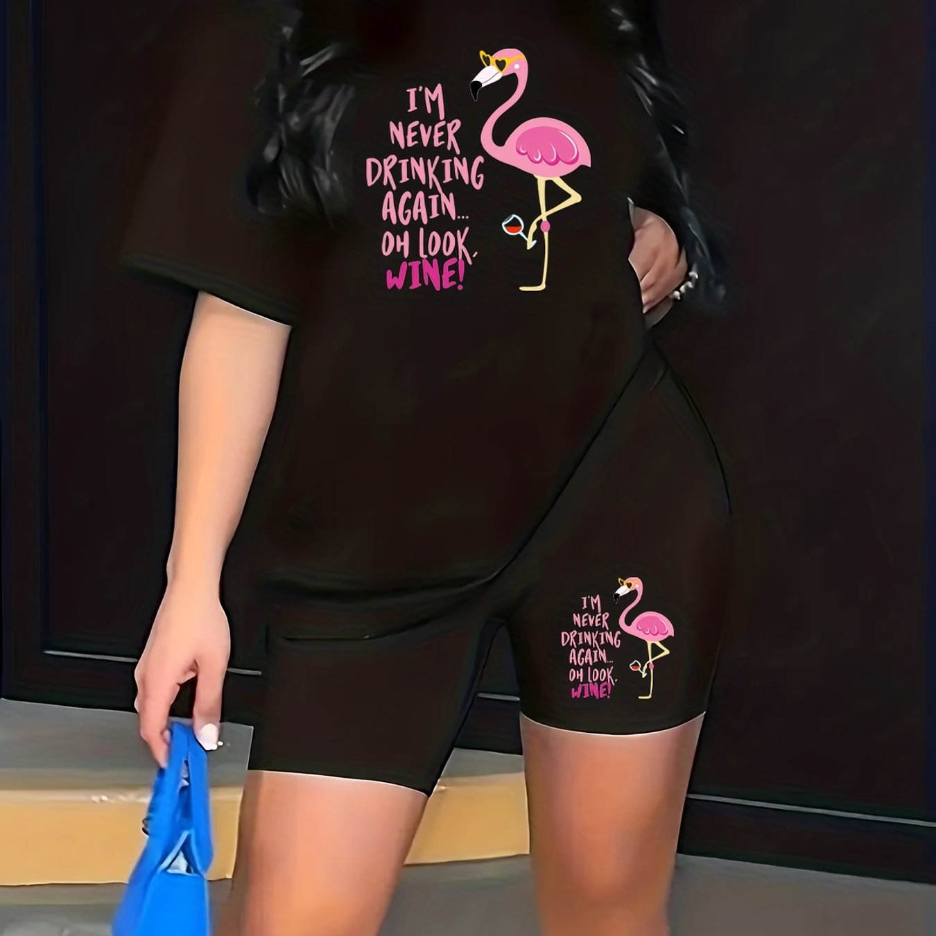 Casual Outfit Set Women's Slogan & Flamingo Print Crop Top & Shorts