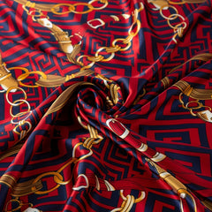 Red Geometric Print Square Scarf Vintage Chain Pattern Satin Shawl