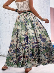 Floral Print Drawstring Skirt High Waist Pleated Casual Style