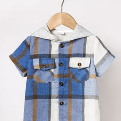 Boys Plaid Shirt Short Sleeves Hood Pocket Casual Kids Clothes