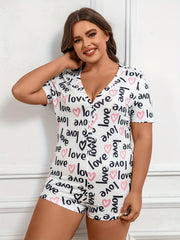 Letter Print Pajama Romper Short Sleeve V Neck