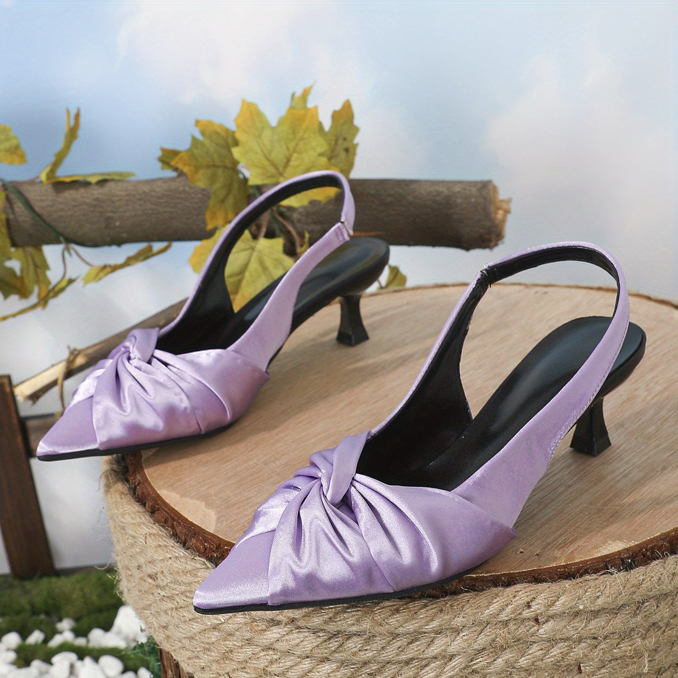 Women's Knot Kitten Heels Pointed Toe Slingback Satin Low Heels