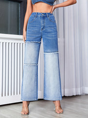 Frayed Patchwork Wide Leg Jeans High Rise Vintage Retro Loose Denim Pants