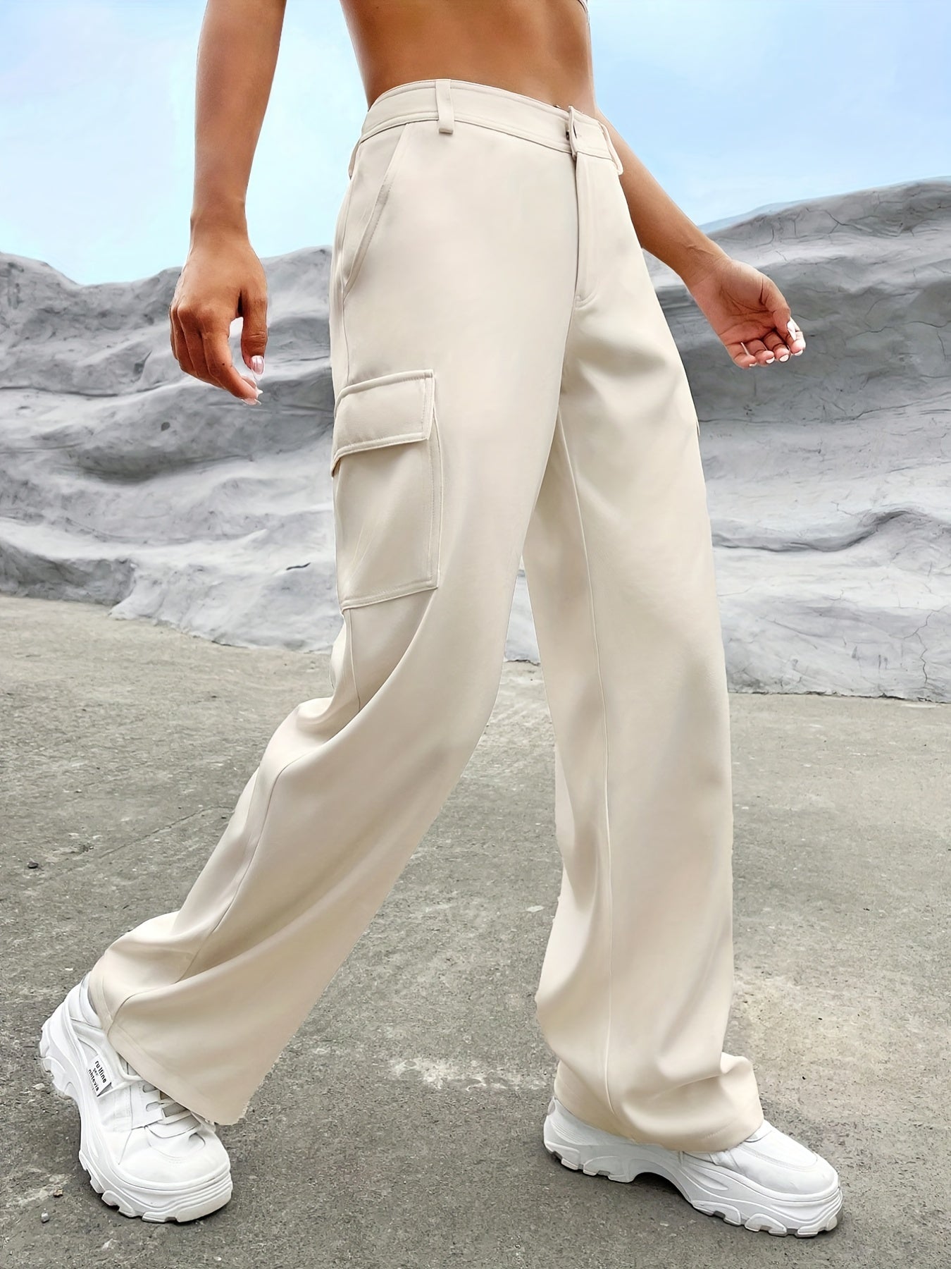 Flap Pockets Wide Leg Pants For Women