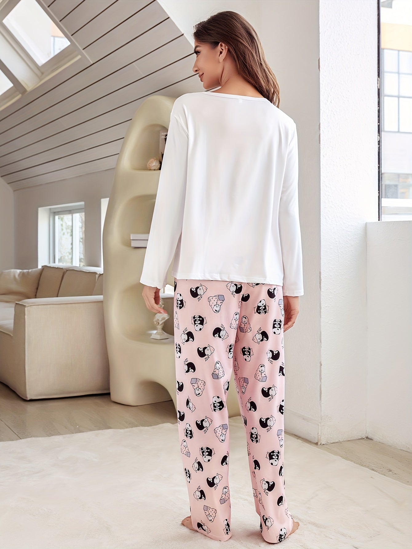 Panda Print Pajama Set Long Sleeve Top & Pants
