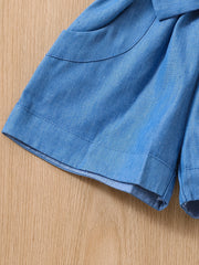 Girls Ruffled Denim Shorts Romper with Bow - Summer Casual
