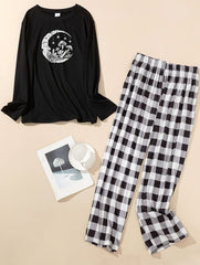 Mushroom & Moon Print Tee & Plaid Pants Pajamas Set