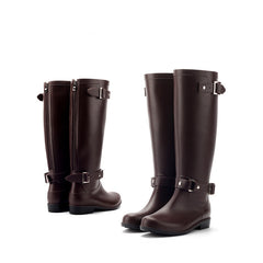 Women's Chunky Low Heel Knee High Rain Boots Waterproof